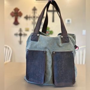 Acacia leather and canvas shoulder tote
